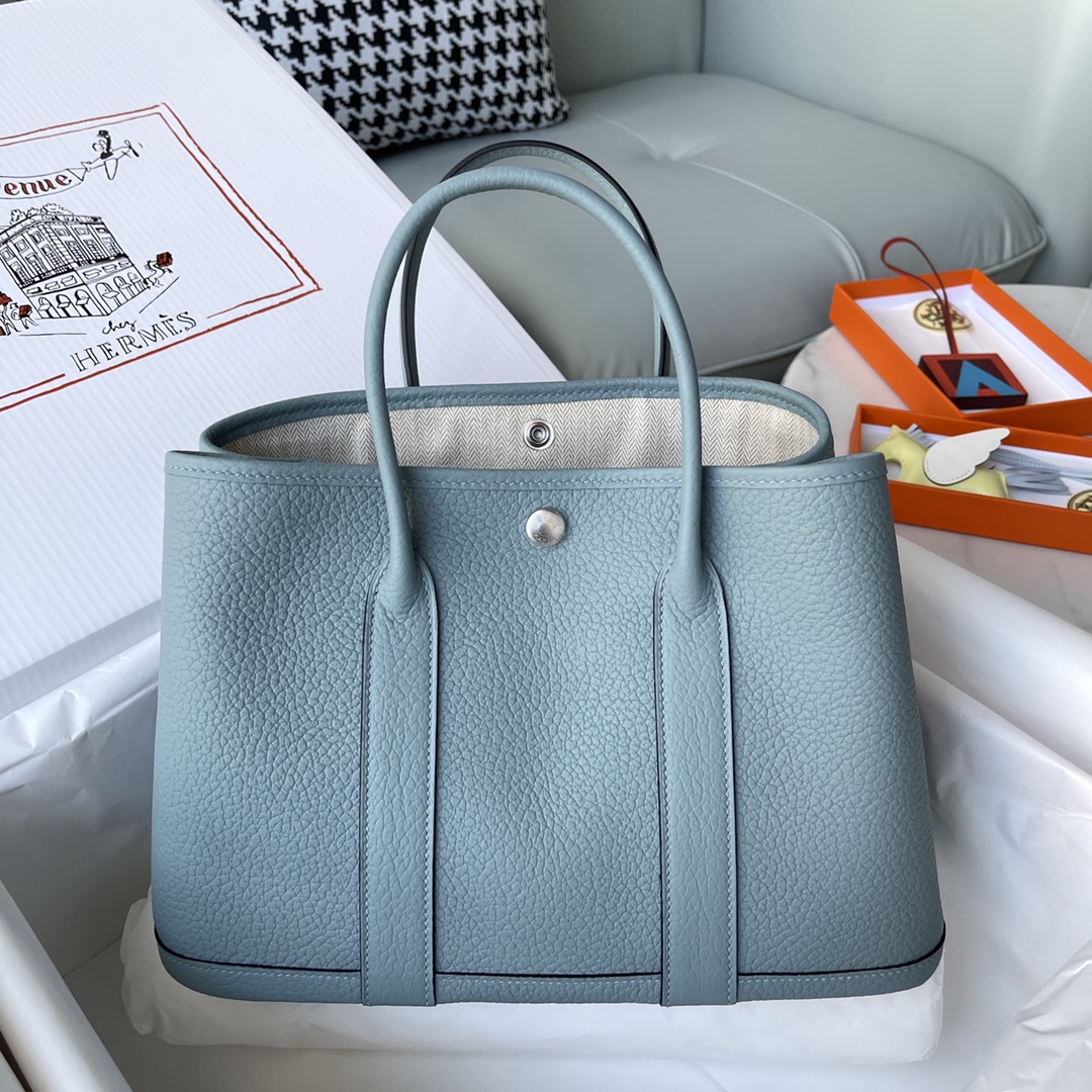 Hermes Garden Party 36cm Tote Handbag In Sky Blue Clemence Leather